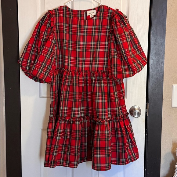 Aura Dresses & Skirts - Aura Red Tartan Plaid Puff Sleeve Dress